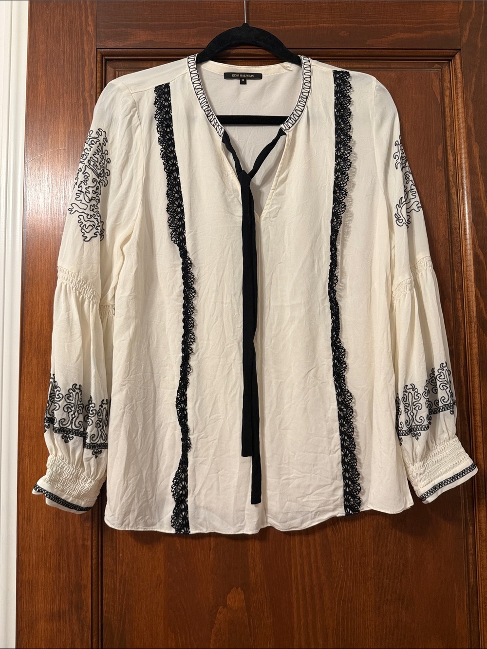 Kobi Halperin Cream Tunic with Black Embroidery and Tie